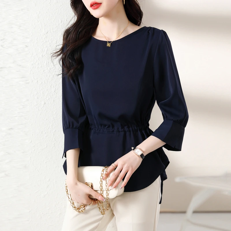 2024 Spring New Round Neck Drawstring Shirts  Women's Solid Fashion Elegant Vintage Blouse Simple Casual Tops