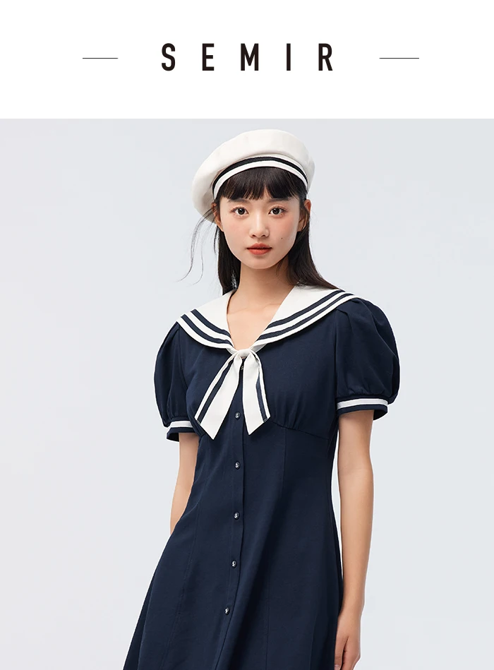 Vestido de verano para mujer, con mangas abullonadas, dulce, nuevo, con temperamento en contraste, cuello azul marino, vestido de primer amor, estilo academia.