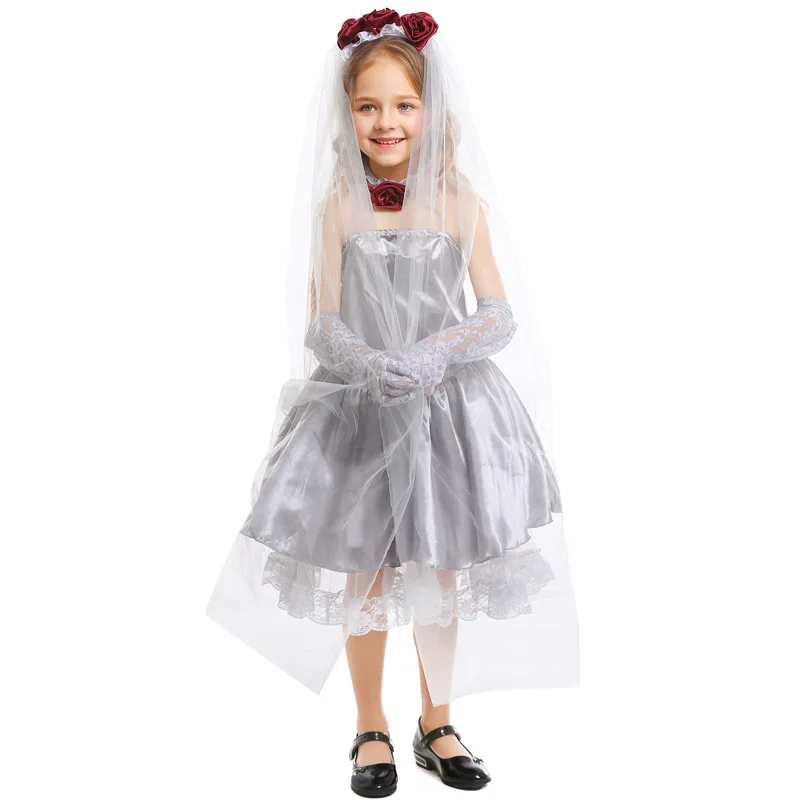 Halloween Ghost Zombie Vampire Cosplay Ghost Bride Costume Grey Dress Kid Girl Carnival Party