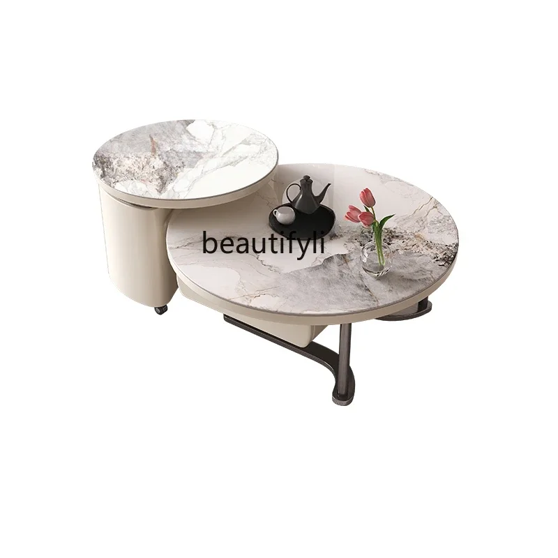 

Light Luxury round French Cream Style Tea Table Boiling Water Tea Table Integrated Small Apartment Modern Stone Plate Tea Table