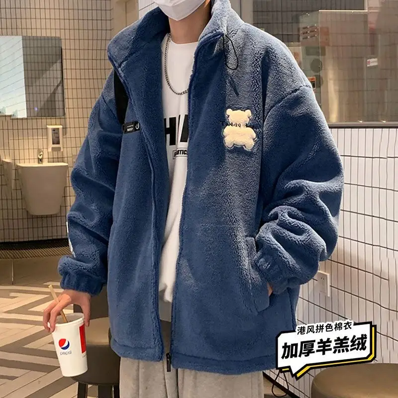Autumn Winter New Style Men Coats Fashion Warm Lamb Wool Coat Warm Cotton Clothes Male Loose Stand-up Collar Zipper Tops