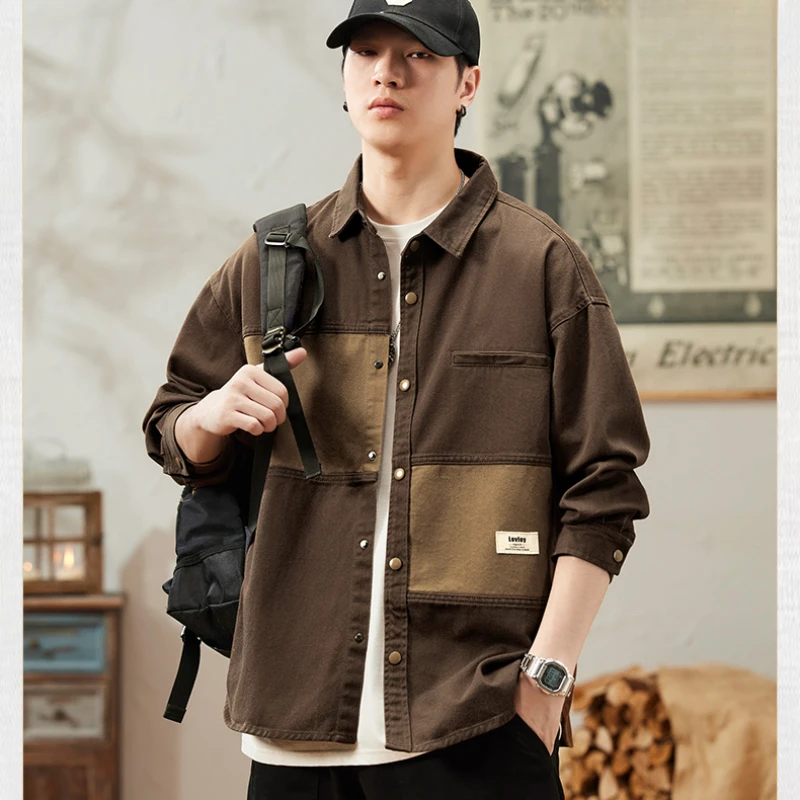 Coat Shirt Men's Cotton Stitching Loose Fashion Single-Breasted New Spring Autumn Color Matching Denim Top Lapel Wear-Resistant