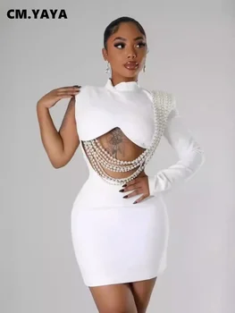 CM.YAYA Women Full Sleeve Elegant O-neck Mini Dress 2024 Summer Pearl String Sexy Street Night Club Party Vestidos Dresses 1