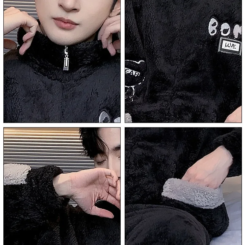 Men's Sleepwear Set Winter Zipper Coral Fleece Long Hair Home Clothes Student Cartoon Flannel Pajamas 5XL Large Size