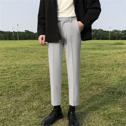 thumbnail image 1 of Pantalones de traje de negocios rectos y ajustados para hombre, de cintura alta, fluidos, para oficina, trabajo, social, sastrería, pantalones trenzados para hombres., 1 of 5