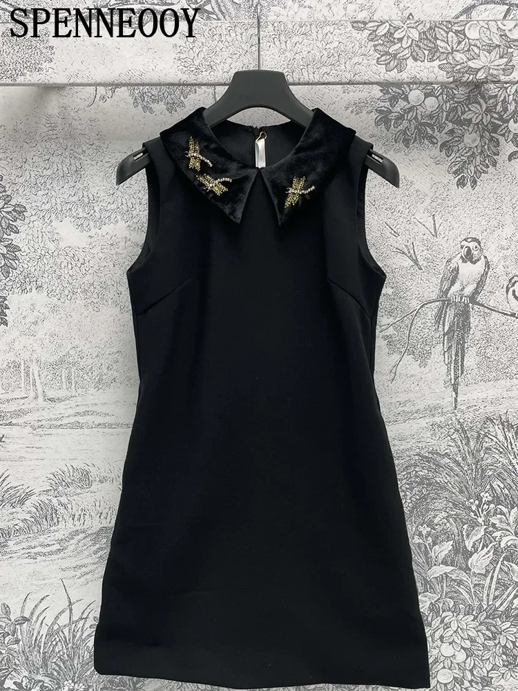 

Fashion Designer Summer Party Black Knee-Length Dress Women's Turn-down Collar Diamond Embroidery Sleeveless Dresses