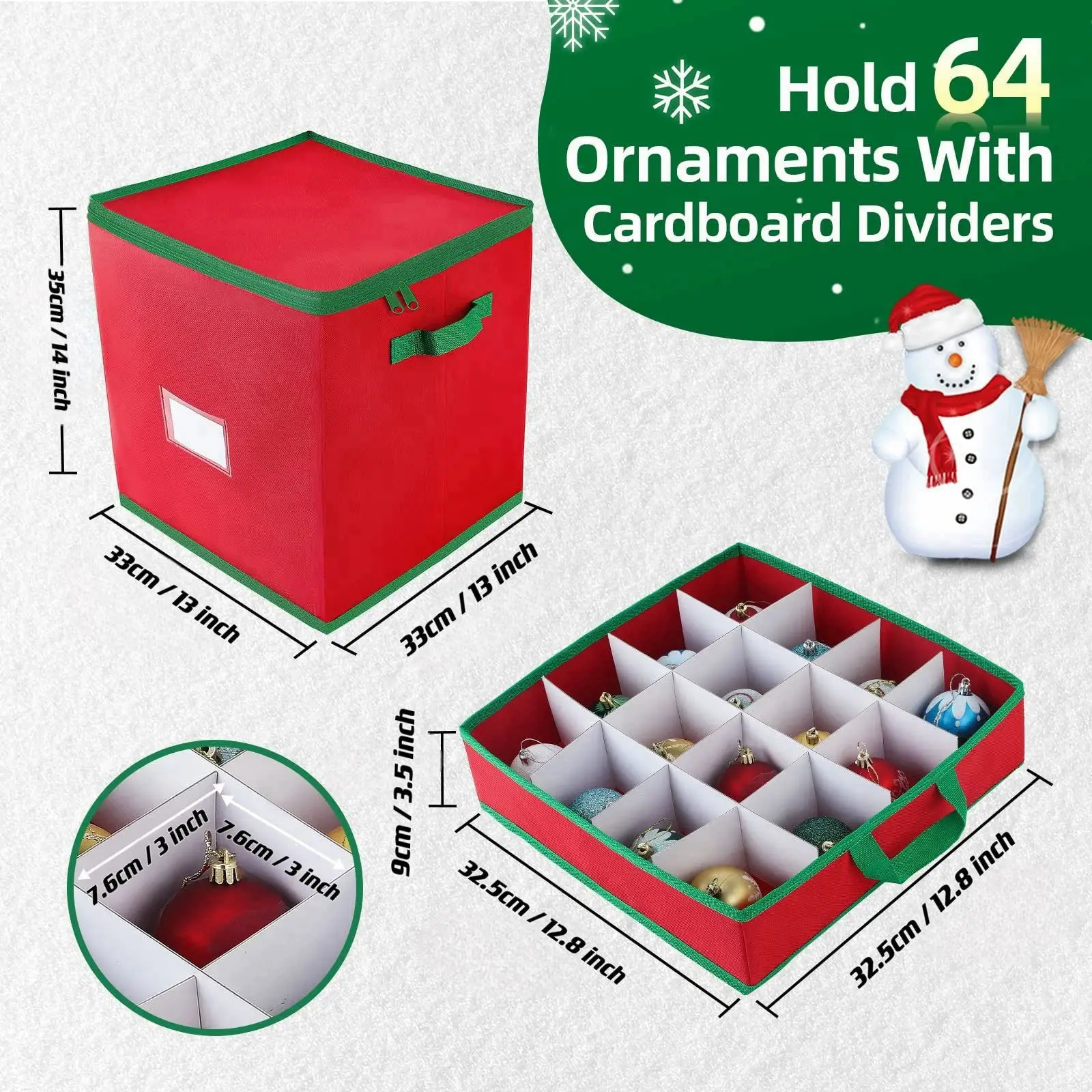 Christmas Ornament Storage Box with Adjustable Dividers Zippered Closure Xmas Decoration Storage Box Stores Up To 64 Ornaments
