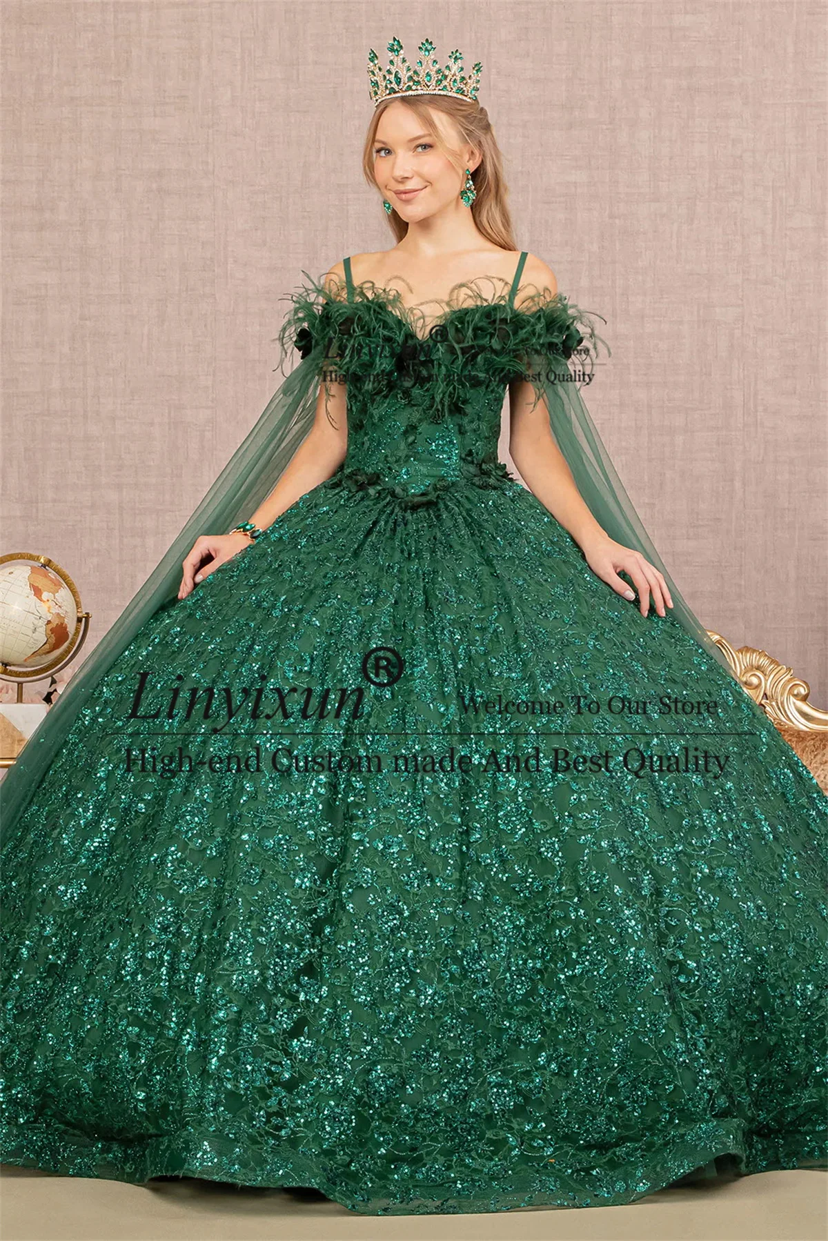 

Glitter Lace Sequins Quinceanera Dresses Tulle Cppe Sleeve Feathers Sweet 16 Dress Lace Up Court Train Vestidos De 15 Años