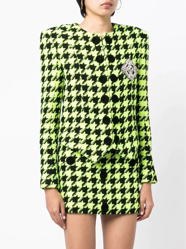 

HIGH STREET Newest 2023 Fashion Designer Women's Lion Buttons Logo Beaded Houndstooth Tweed Jacket