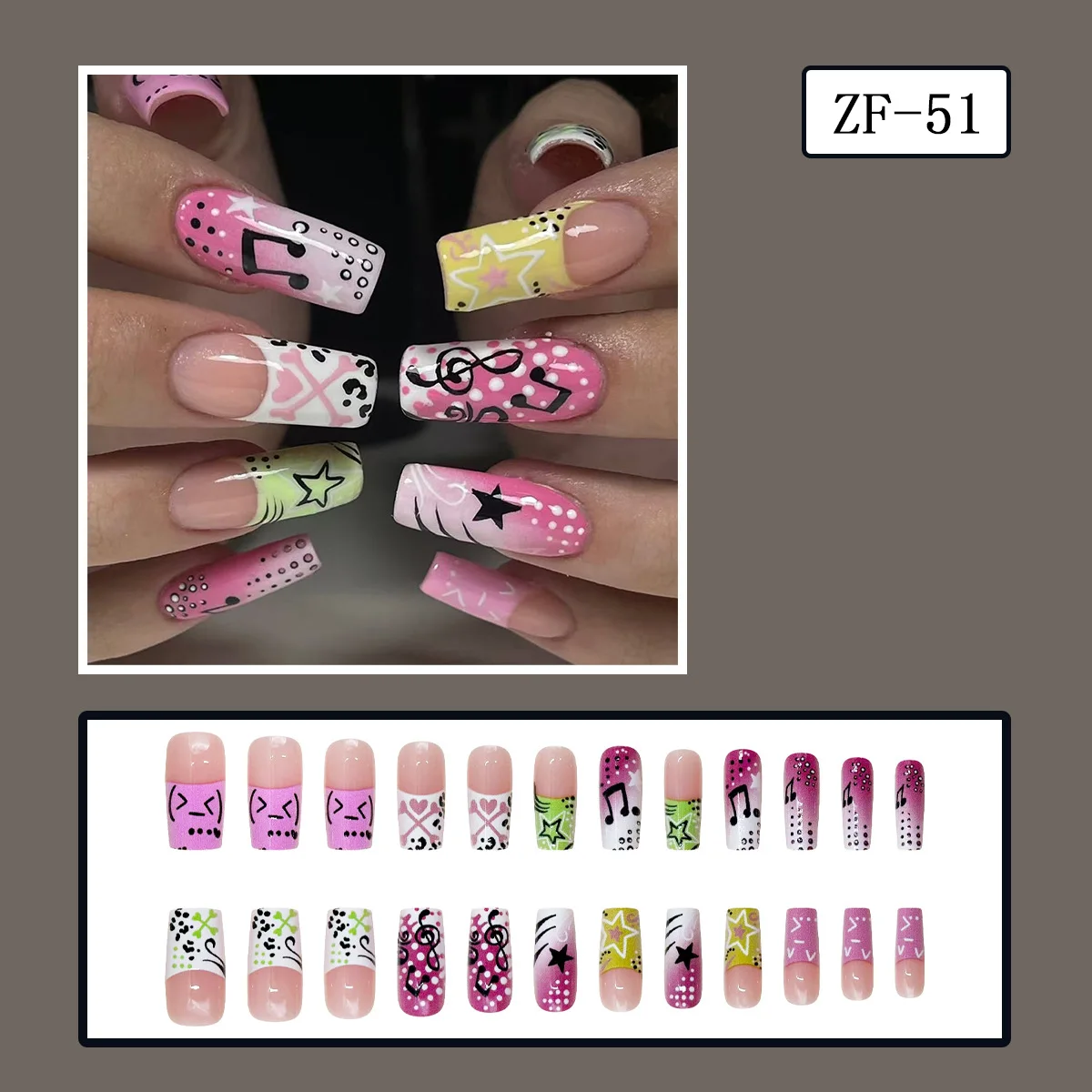 24개 Y2K 걸 스타일 가짜 손톱, 음악 노트와 별 패턴, 롱 코핀형, 착용 가능한 스파이시 걸스 발레 프레스온 네일
