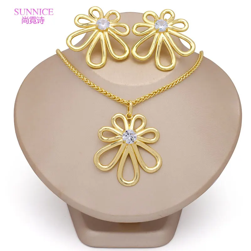 

Flowers Gold Plated Jewelry For Women Hoop Earrings Necklace Pendant Set Jewellery Party Wedding Accesorios Para Mujer