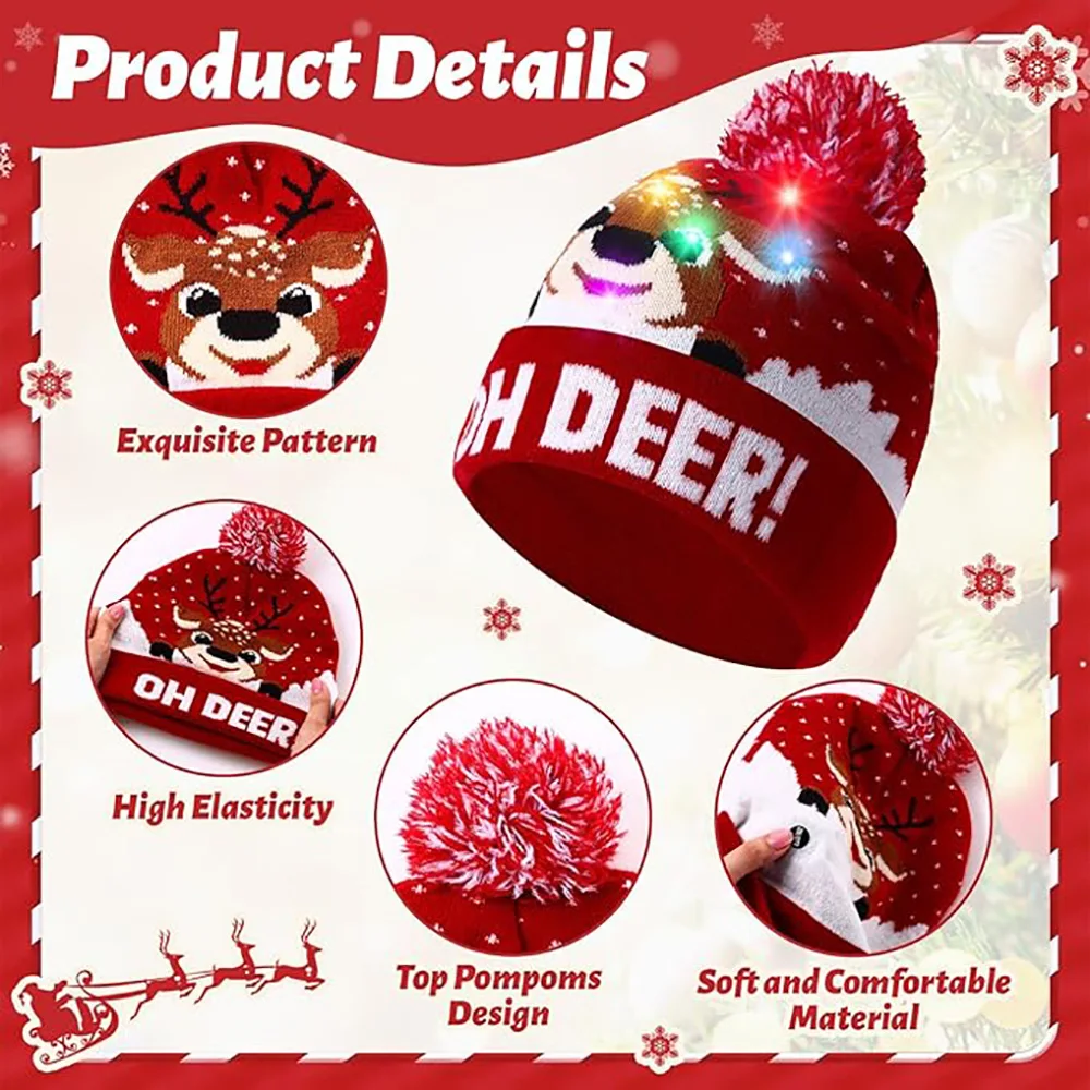 1/2/5/10 Pcs Christmas LED Light up Knitted Beanie Hat Christmas Sweater Beanie Hat Knitted Cap Unisex Novelty Winter Snow