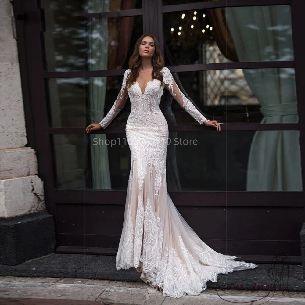 

White Tulle Mermaid Wedding Dresses Women Deep V Neck with Lace Long Sleeves Bridal Gowns High-low Trains Vestido De Casamento