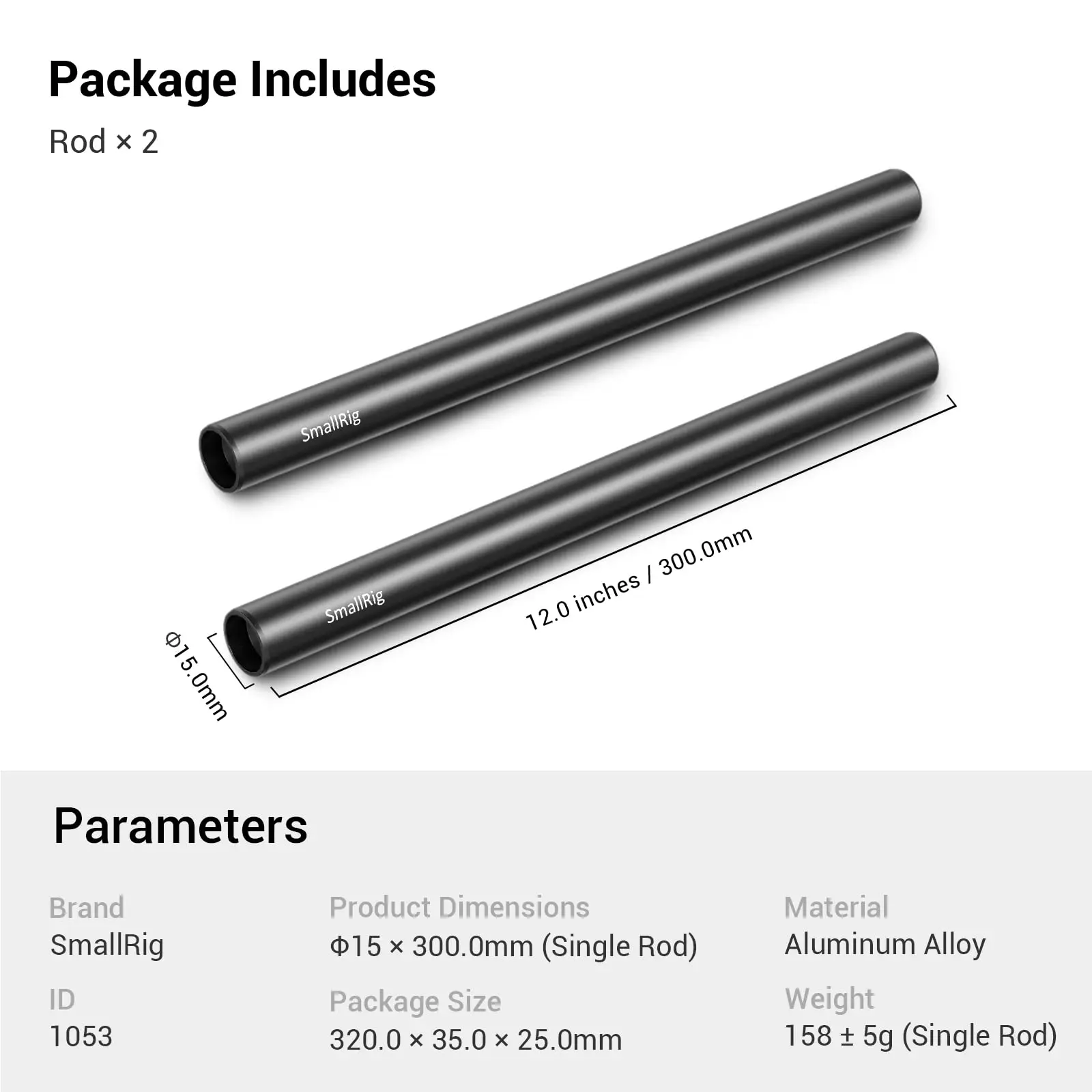 2pcs 15mm M12 Black Aluminum Alloy Rod (12 Inch) for DSLR Camera Accessory Kit ,