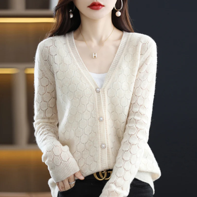 

V-Neck 100 Pure Wool Cardigan Women Thin Loose Hollow Sweater Jacket Long Sleeve Top With Cashmere Spring Autumn Korean Edition