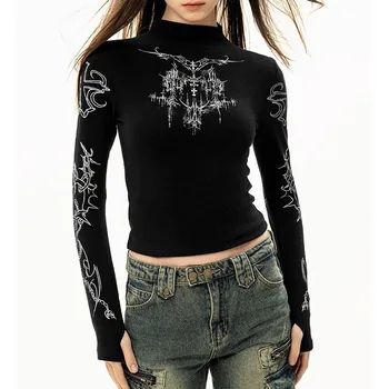 Grunge Women T-Shirt Y2k Aesthetics Half high neck Tees Graphical Print Long Sleeve Sheer Tops Punk Alternative Crop Tops EMO 1