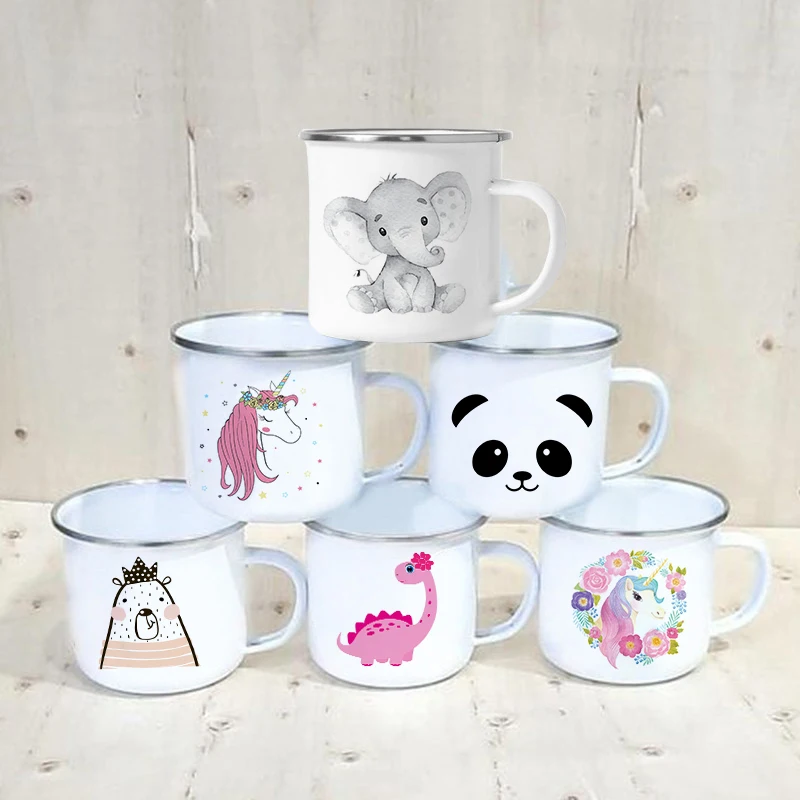 

Cartoon Animals Print Creative Kids Water Cups Drinks Breakfast Milk Juice Cup Kawaii Enamel Mugs Handle Drinkware Birthday Gift