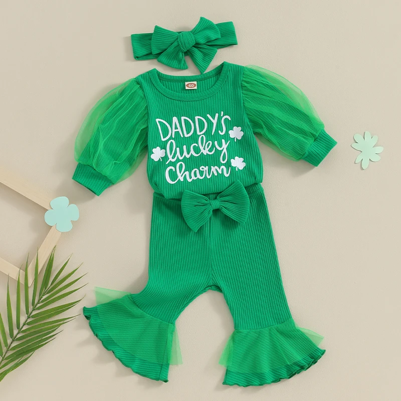 Toddler Girl St Patrick s Day 3 Piece Set Long Sleeve Clover Print Romper Flare Pants Headband Outfit for Baby 1