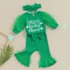 Toddler Girl St Patrick s Day 3 Piece Set Long Sleeve Clover Print Romper Flare Pants Headband Outfit for Baby 1