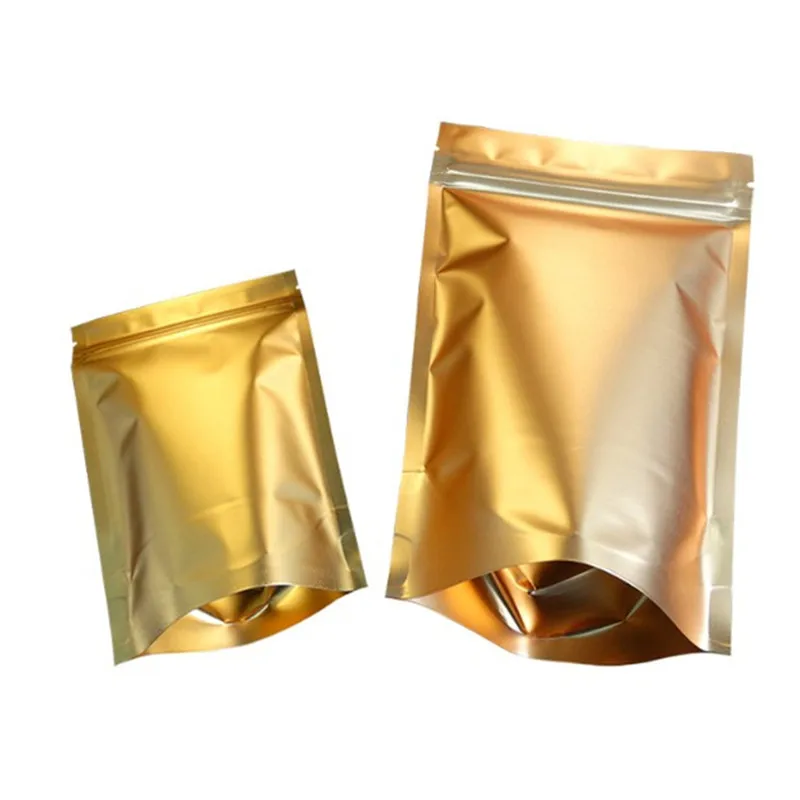 

100pcs/lot- 6 sizes options 200mic Matt Gold Aluminum Foil Zipper Bag Stand Up Pouch Food Powder Tea Coffee Party Gift Bag