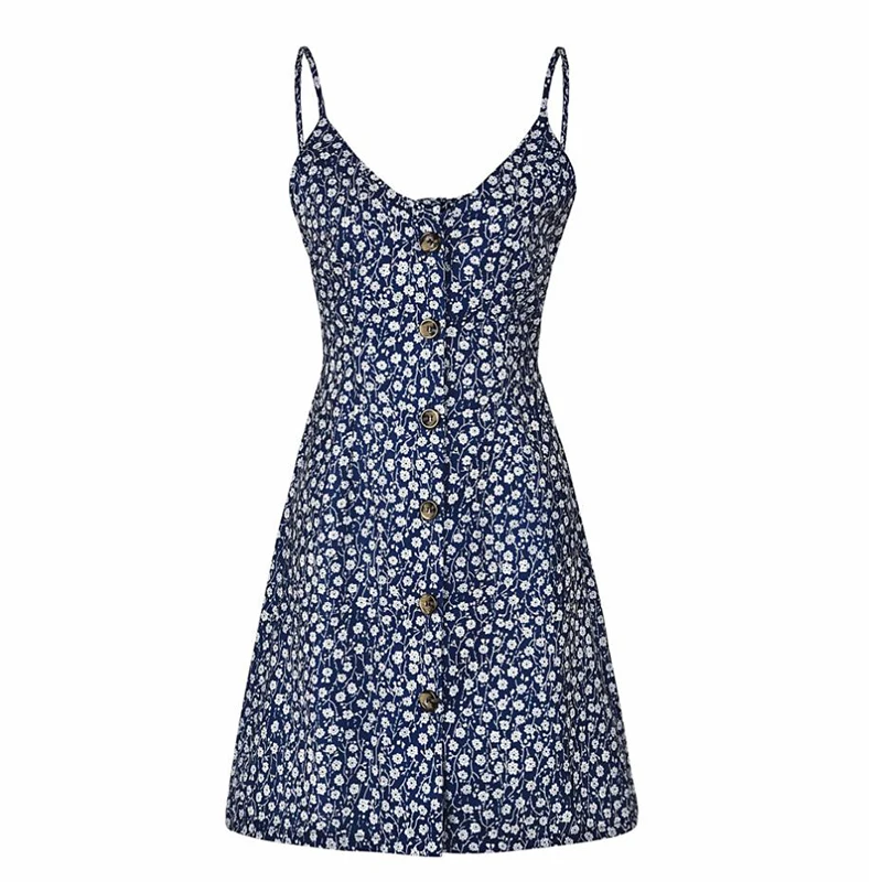 

S-XXL Retro Floral Print Woman Dress New Summer Beach Style Spaghetti Strap Sexy V-neck Chiffon Button Dresses Backless Bowknot