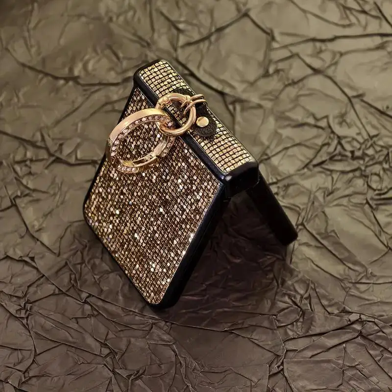 Sparkling Grid Pattern Phone Case with Fashion Faux Diamond Ring Buckle - Hard Shell Design