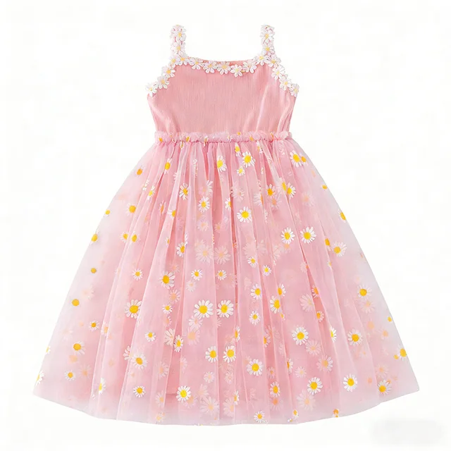 Robe d'été 2026 pour filles, motif marguerite mignon, jupe en tulle, robe de soirée décontractée, robe de princesse pour enfants avec bordure en dentelle florale, 2-8 ans 1