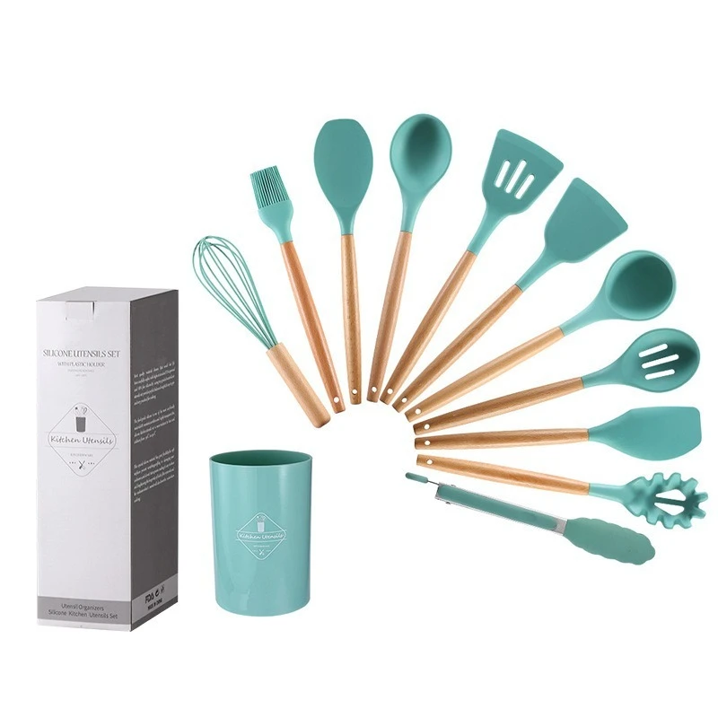 Kitchen utensils 12PCS Silicone Kitchenware Non-Stick Cookware Kitchen Utensils Set Spatula Shovel Egg Beaters Wooden Handle Cooking Tool Set