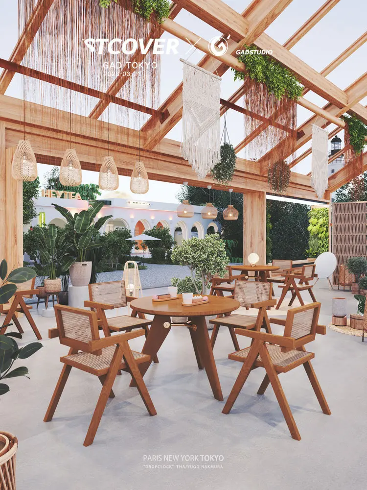 Rattan Restaurant Solid Wood Table and Chair Combination Set Coffee House Wabi-Sabi Wind Negotiation Lounge Area