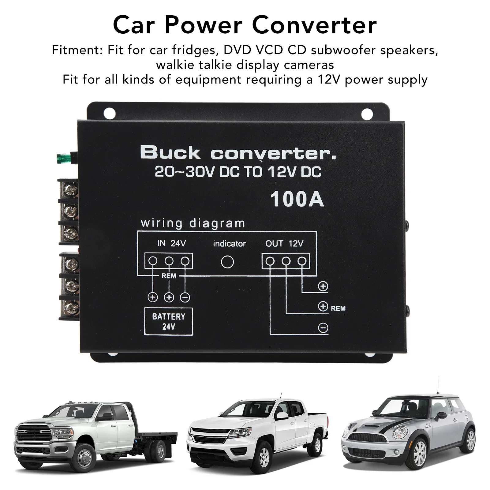Black Car Power Converter 100A DC 24V to 12V Converter for Car Fridges