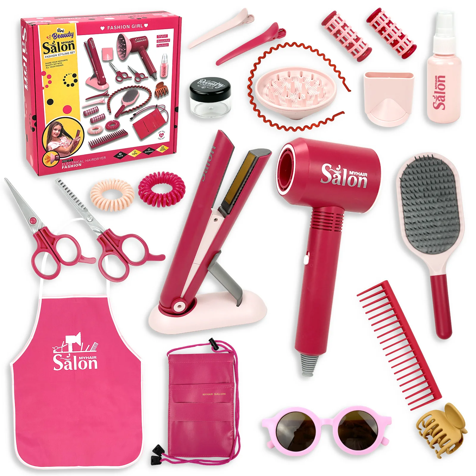 Girls Beauty Hair Salon Toy Kit Play Makeup Set with Blow Dryer Barber Costume Apron for 3+ Years Old Girl Birthday Gifts 6
