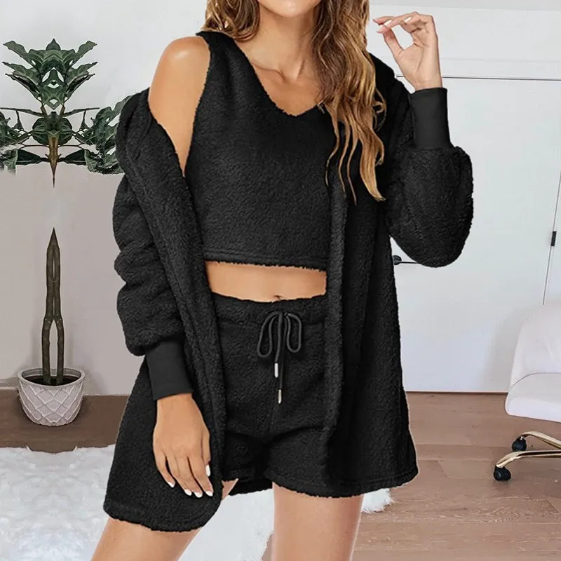 Women'S Sleepwear 3pcs Autumn Winter Soft Fuzzy Fluffy Homewear Hoodies Shorts Set Three-Piece Set Women Pajamas Loungewear Set