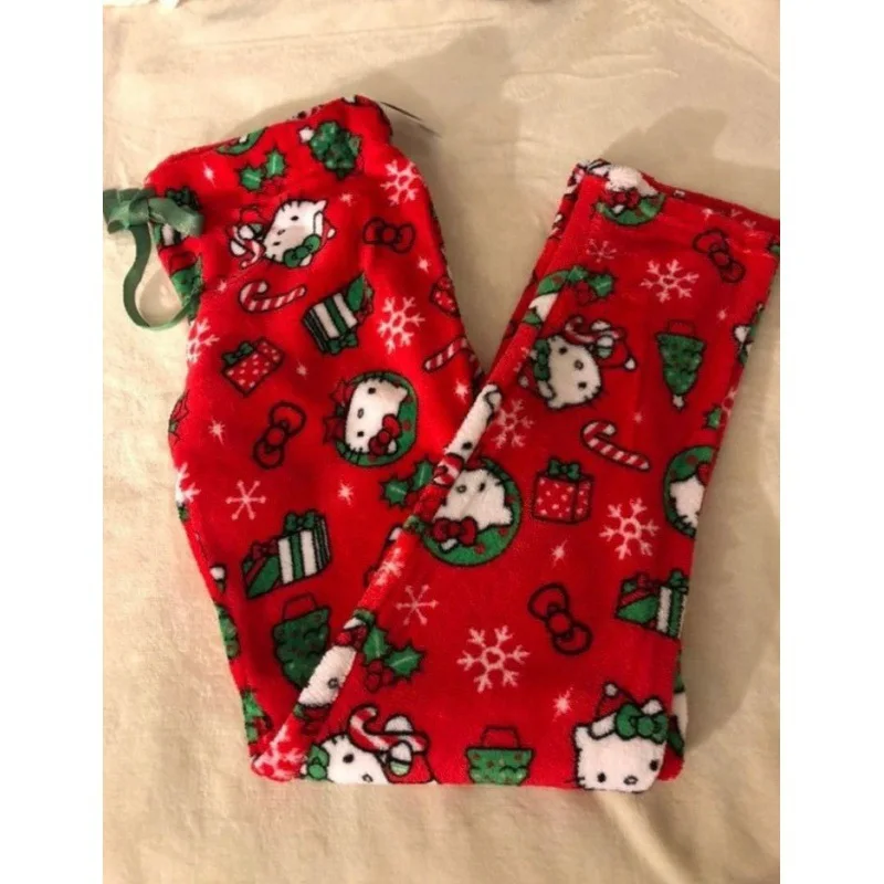 

Kawaii Sanrio Hellokitty Flannel Pajama Trousers Anime Cute Women Winter Padded Warm Leisure Home Cloth Navidad Christmas Gift