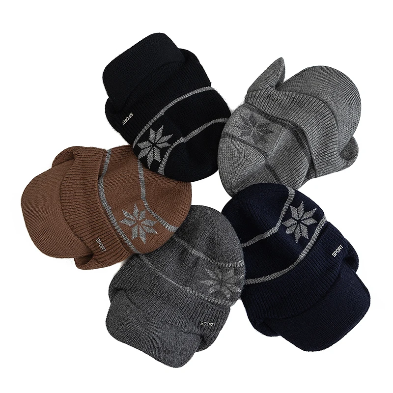 Hot Sale Man Winter Hat Plush Fur Lined Warm Earflap Hat Casual Beanie Cap For Men Outdoor Keep Ear Warm Knitted Hat