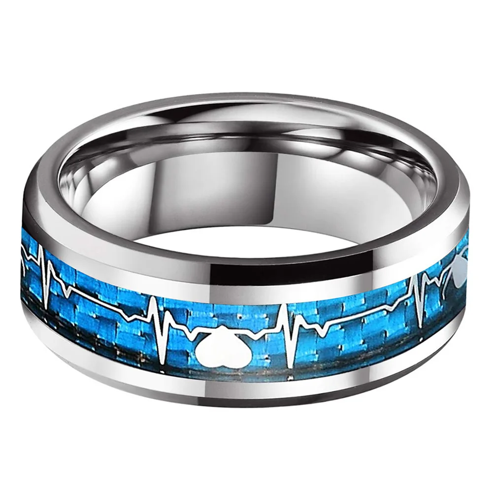 8mm SilverBlue Carbon Fiber Heart Inlay Tungsten Carbide Wedding Rings Domed Polished Shiny Comfort Fit