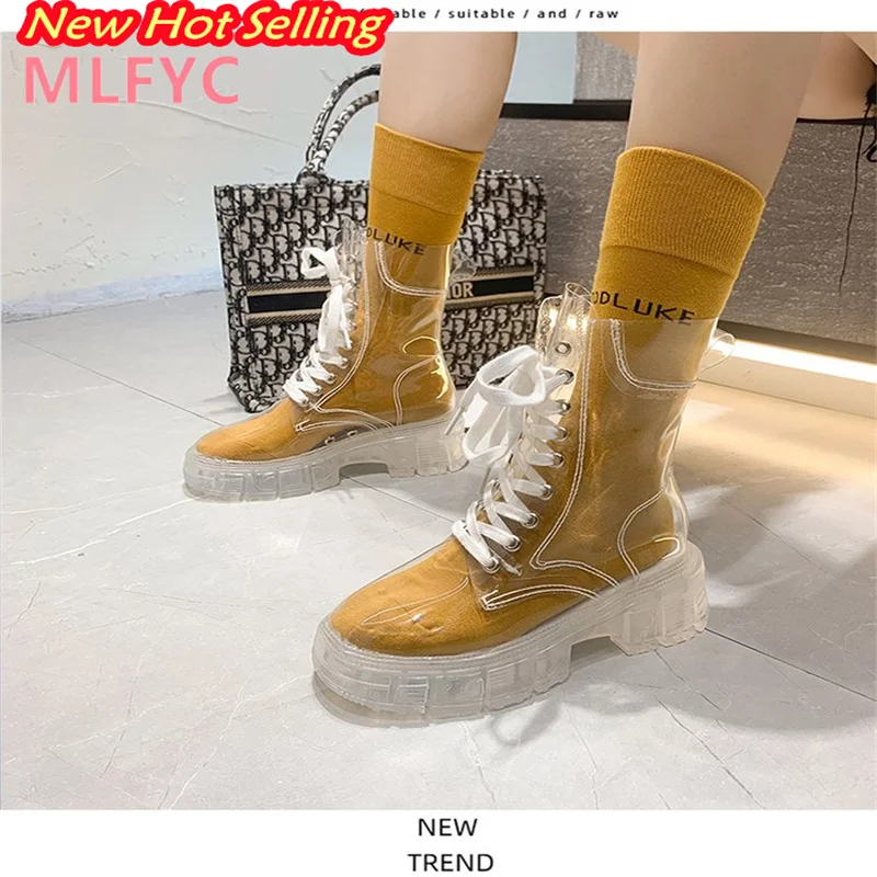 Crystal Sole Fashion Large Fashion Boots Elevated New Lace up Transparent Matsutake Thick Sole Jelly Short Boots Cool Boots