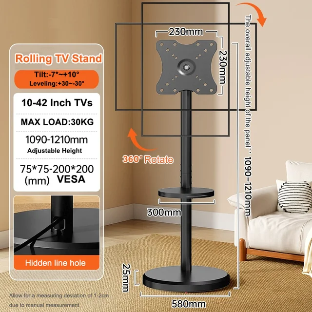 Rolling TV Stand for 10-42 Inch TVs Universal TV Floor Stands with Swivel Mount,Fit Corner Small Dorm Portable Mobile TV Cart