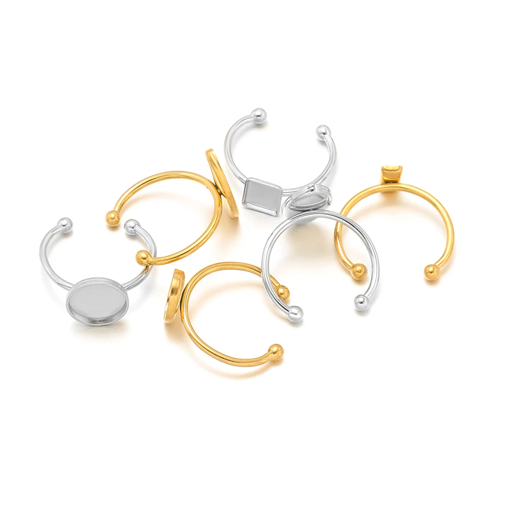 10 Stück verstellbare offene Ringfassungen aus Edelstahl, leere Cabochon-Basis, Lünette, Tablett, Ringe für Schmuckherstellung, DIY-Ring-Zubehör – Detail 1