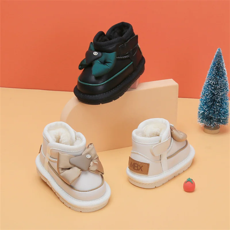 New Winter Baby Snow Boots Leather Butterfly-knot Warm Plush Toddler Kids Shoes Soft Sole Fashion Girls Boots