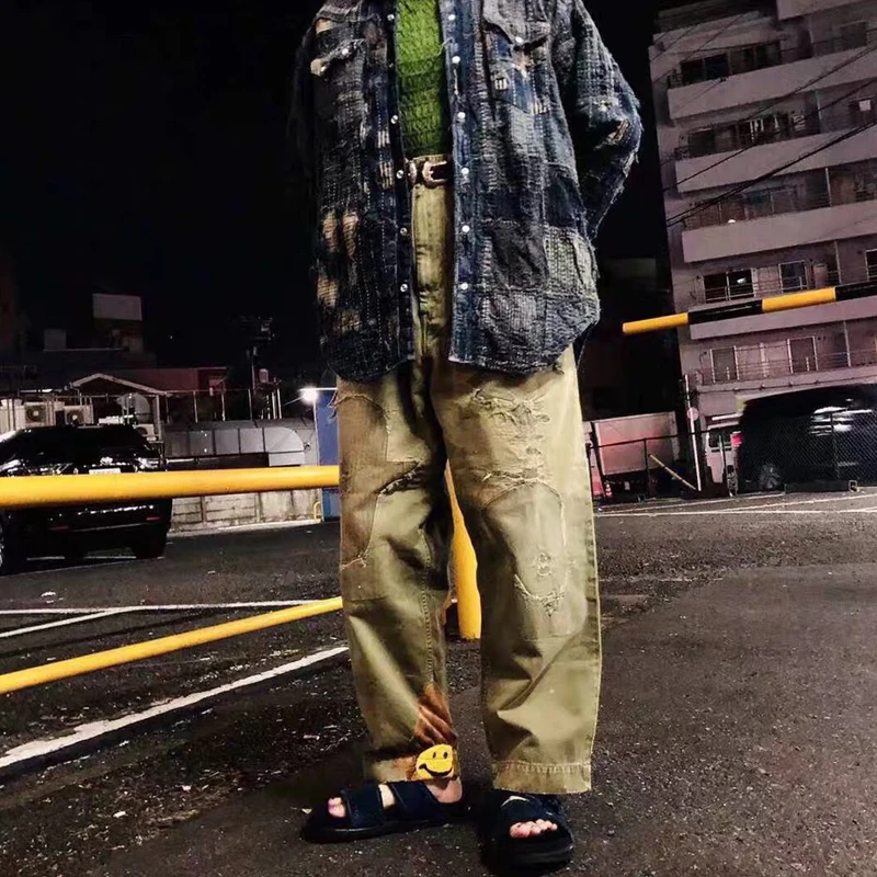 20aw New Arrival Kapital Japanese Fashion Sweet Face Patch Damage Wash Tapered Casual Loose Pants for Men