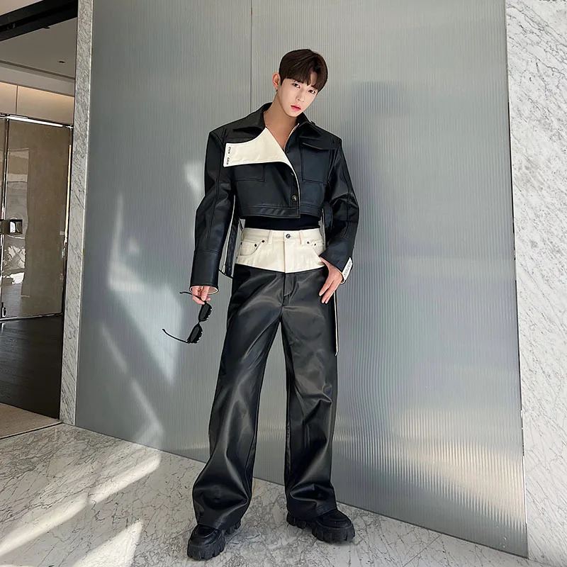 Wide Leg Pants IEFB Designer Denim Matching PU Leather Color Contrast Straight Pants Male Trousers High Street 9A7434