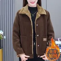 Autumn Winter Corduroy Women's Short Jacket Fleece Lined Thickened Warm Fashionable Anti Aging Loose Slimming Long Sleeve Coat