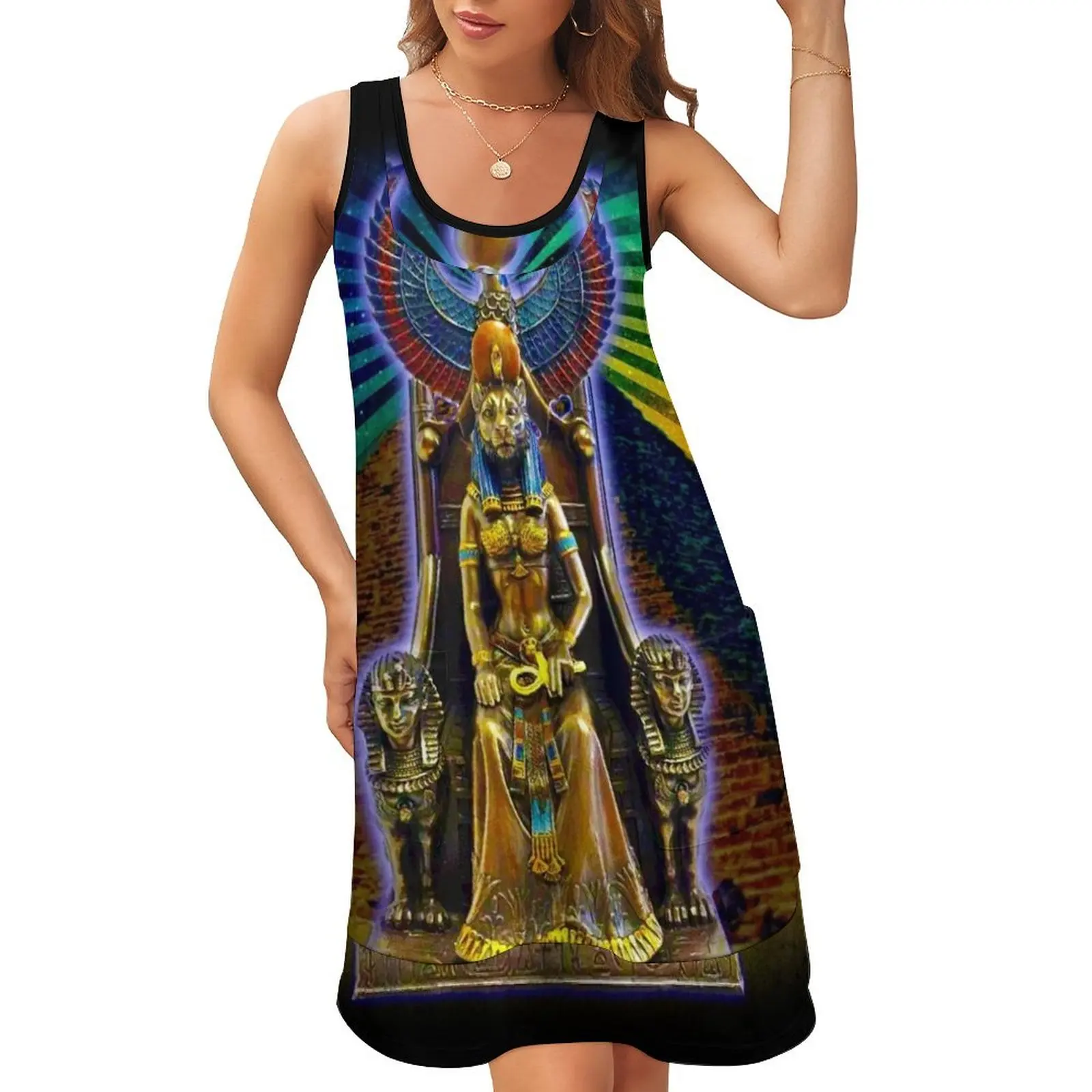 

Sekhmet Lioness Egyptian Goddess of Healing Sleeveless U-Neck Fake Two Piece Dress long dress women summer