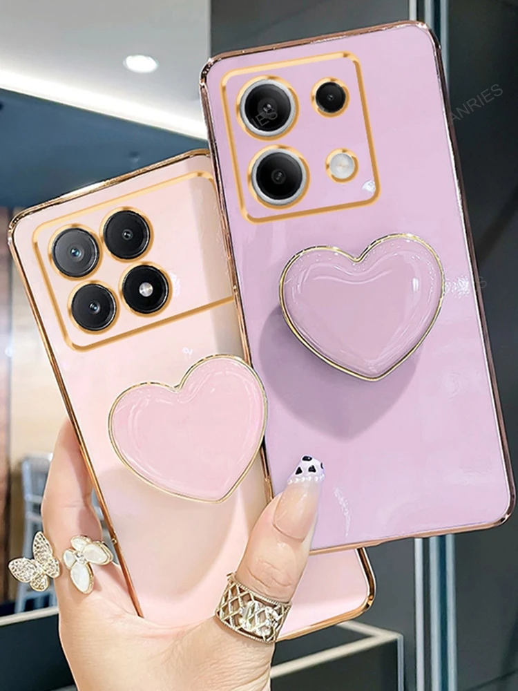Luxury Love Heart Phone Holder Plating Case with Stand and Silicone Back Cover