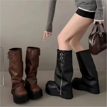 2026Arrival Fashionable Wide-Leg Knight Long Boots with Inner Elevator & Thick Sole, Side Zipper, Belt Buckle and Slouchy Design 1