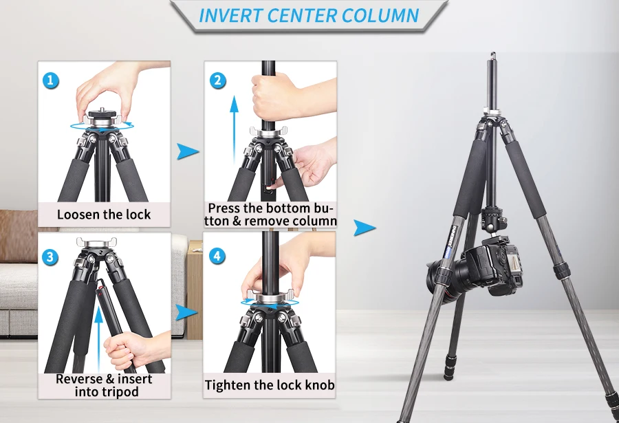 GT254C Carbon Fiber Tripod Camera Tripod Professional Compact Portable Stand wit
