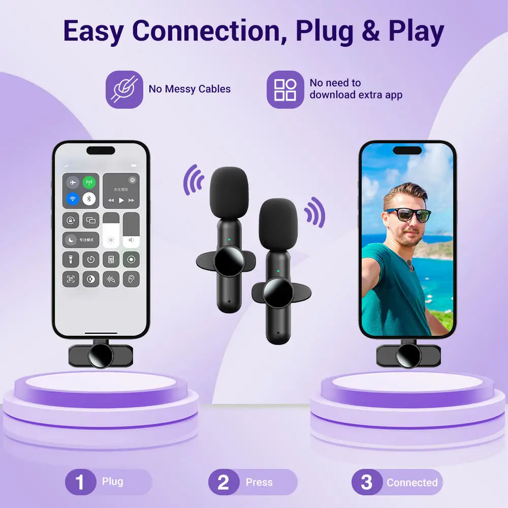 Wireless Lavalier Microphone Mini Portable Noise Reduction for iPhone Android