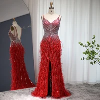 Luxury Beaded Mermaid Feathers Prom Dresses Sexy Spaghetti Straps Backless Rose Pink Evening Dress Arabic Formal Party Gown SCZ052 1