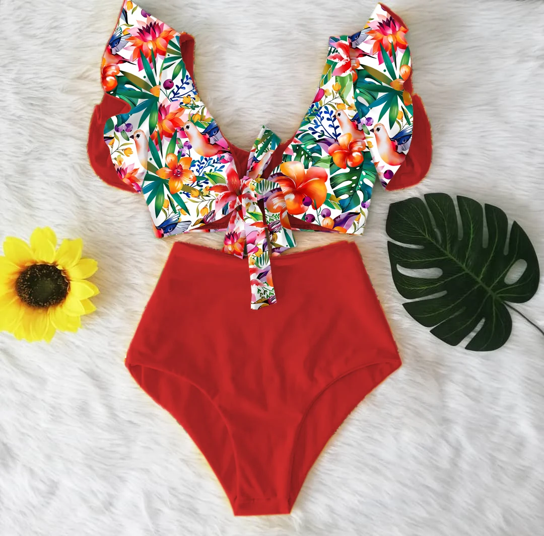 Sexy Shoulder Ruffle Swimwear Women Swimsuit High Waist Bikini Set Bowknot Push Up Bathing Suit Beachwear Biquini Female