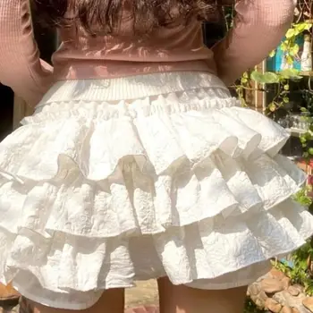 Kawaii Ball Gown Short Skirt Pleated Ruffles Layered High Waist Solid Mini Cake Skirts Lolita Girl Sweet Cute Elastic Waist Y2K